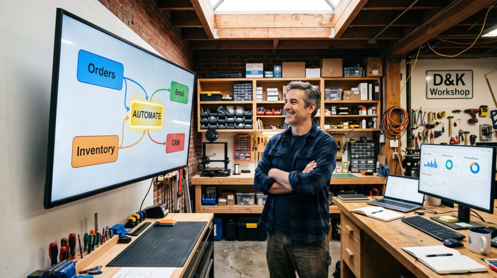 Dueño de un pequeño negocio mostrando orgulloso un diagrama de workflow de automatización en una pantalla de su taller