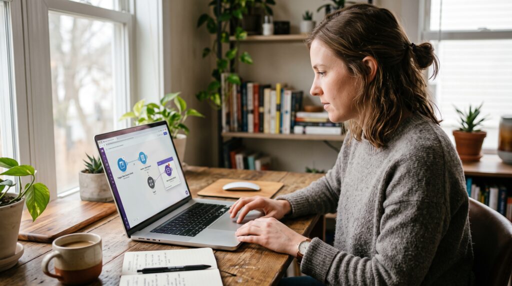 Consultora revisando un workflow de automatización de email con IA en su portátil, con un diagrama de nodos visible en pantalla