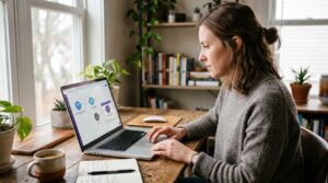 Consultora revisando un workflow de automatización de email con IA en su portátil, con un diagrama de nodos visible en pantalla