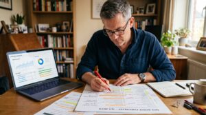 Consultor SEO revisando y anotando a mano una checklist de auditoría técnica junto a un dashboard de analítica web