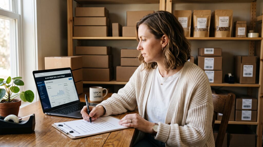 Propietaria de un pequeño ecommerce revisando una checklist de preparación para el Black Friday junto a un portátil con el dashboard de su tienda online
