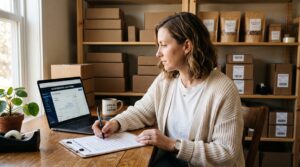 Propietaria de un pequeño ecommerce revisando una checklist de preparación para el Black Friday junto a un portátil con el dashboard de su tienda online
