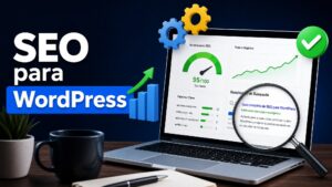 Portátil con panel de rendimiento SEO de WordPress, gráfico de tráfico y lupa sobre resultados de búsqueda
