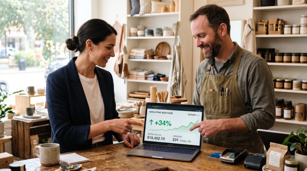 Consultora ecommerce y dueño de tienda revisando juntos el dashboard de ventas online