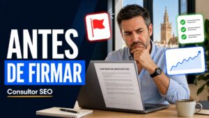 Persona dudando ante un contrato de servicios SEO con una bandera roja y una lista de comprobación