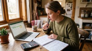 Propietaria de un pequeño negocio calculando el presupuesto de una campaña de Google Ads con calculadora, cuaderno y hoja de cálculo