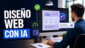 Diseñador web trabajando con IA en un monitor que muestra la maqueta de una web con un asistente de IA