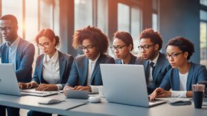A cinematic editorial image of a diverse group of young tech entrepreneurs collaborating around a laptop in a modern startup office, illuminated by dynamic natural light, with digital email icons subtly floating in the background to symbolize innovative email marketing driving growth and community engagement.