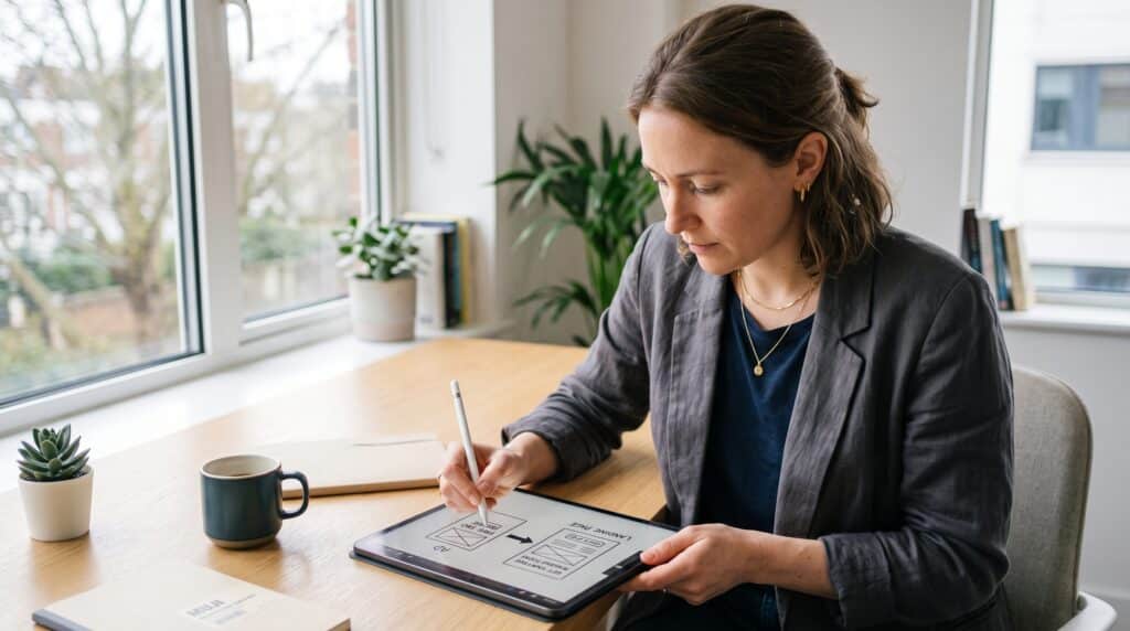 Consultora de marketing dibujando en una tablet un boceto de embudo conectando un anuncio con una landing page