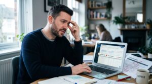 Propietario de un negocio preocupado revisando un dashboard de campaña con gasto desperdiciado y ROI negativo en su portátil