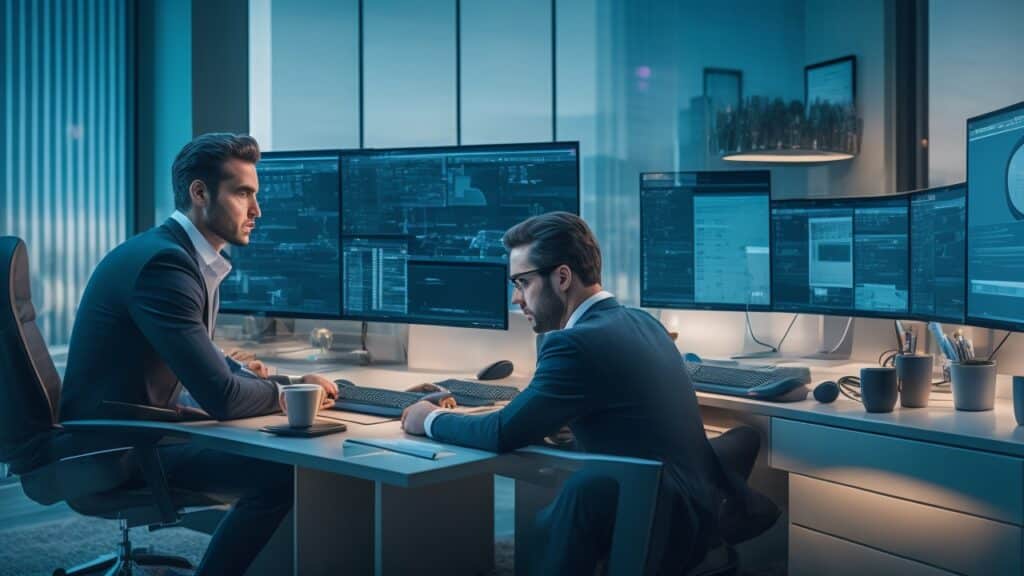A cinematic, editorial-style image of a focused entrepreneur working late at a modern home office, surrounded by multiple screens displaying ecommerce platforms and analytics, with warm lighting highlighting determination and digital innovation.