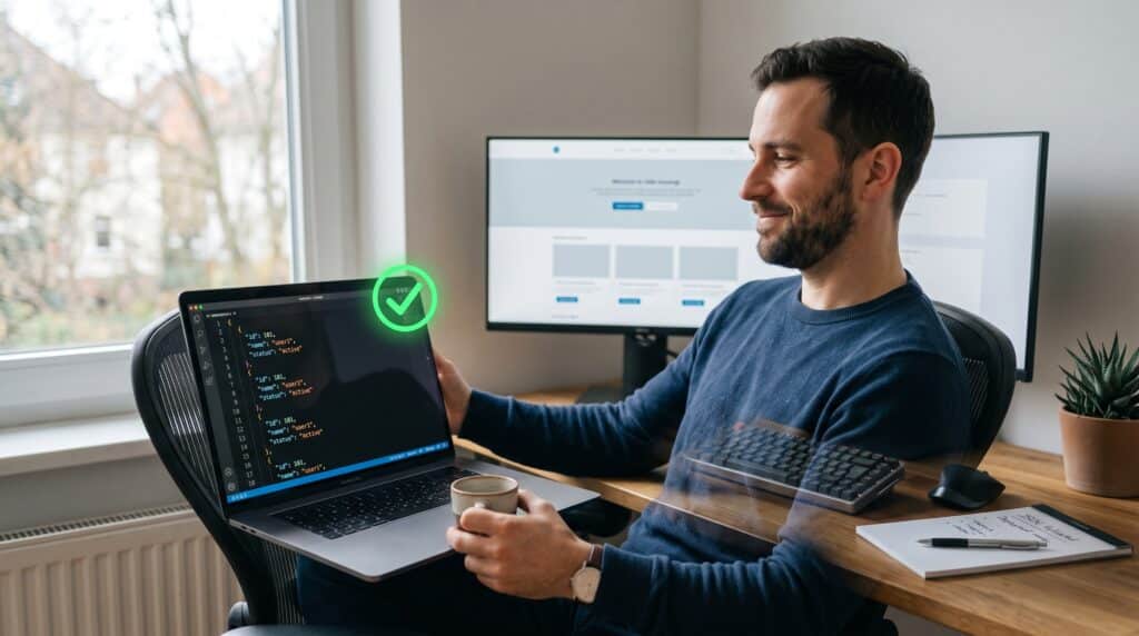 Desarrollador validando con éxito un bloque de código JSON estructurado en su portátil