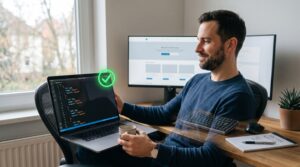 Desarrollador validando con éxito un bloque de código JSON estructurado en su portátil