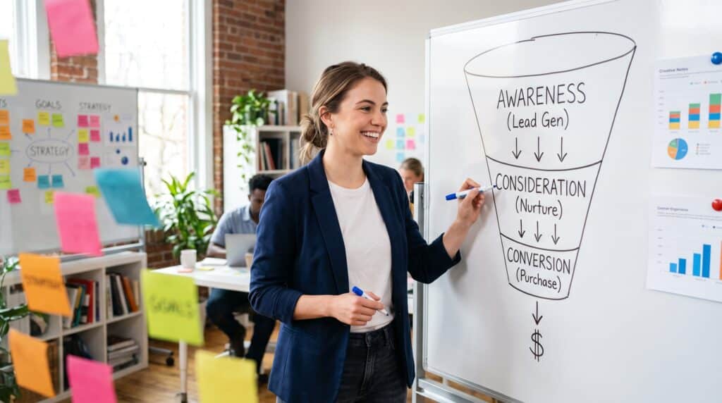 Emprendedora dibujando un funnel de ventas con las fases Awareness, Consideration y Conversion en una pizarra
