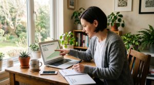 Emprendedora revisando el crecimiento de tráfico orgánico SEO en su portátil