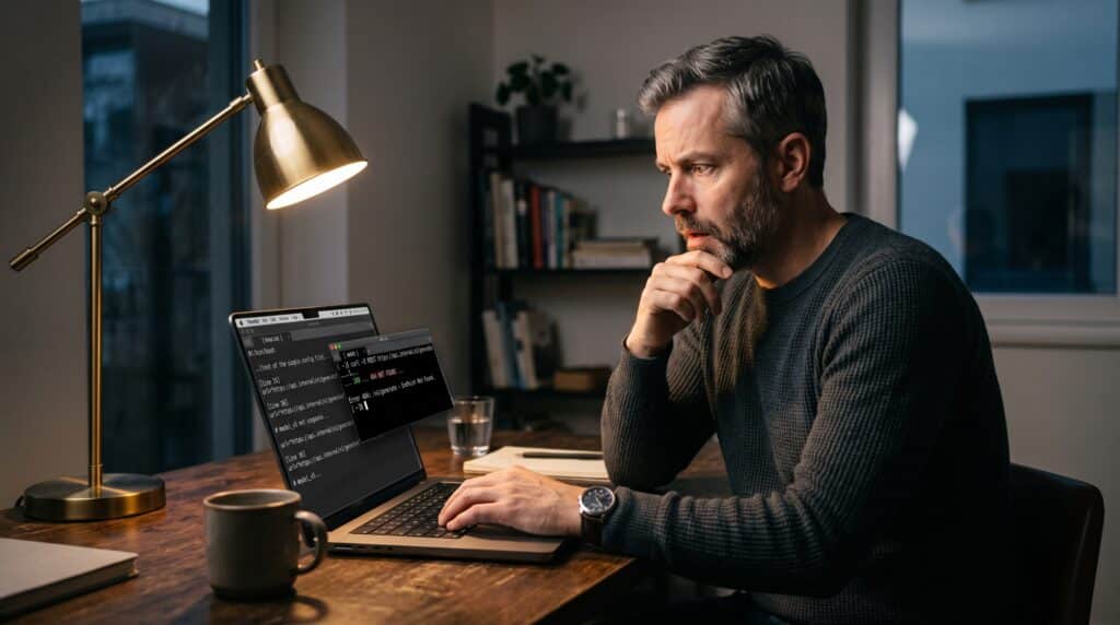 Consultor comprobando en terminal si su archivo llms.txt responde correctamente tras encontrar un error 404