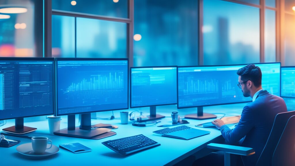 A dynamic, cinematic editorial image of a modern workspace featuring a focused entrepreneur analyzing digital marketing data and SEO charts on multiple screens, with subtle glowing search engine logos blurred in the background, conveying the strategic power of online positioning for tech startups and digital success.