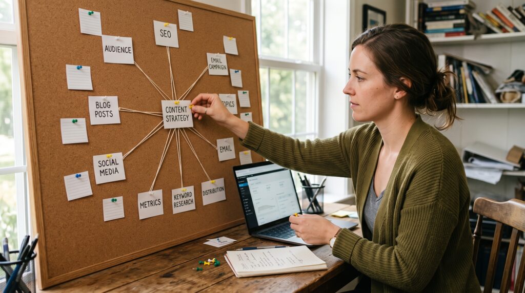 Estratega de contenido organizando un cluster temático con tarjetas conectadas en un corcho