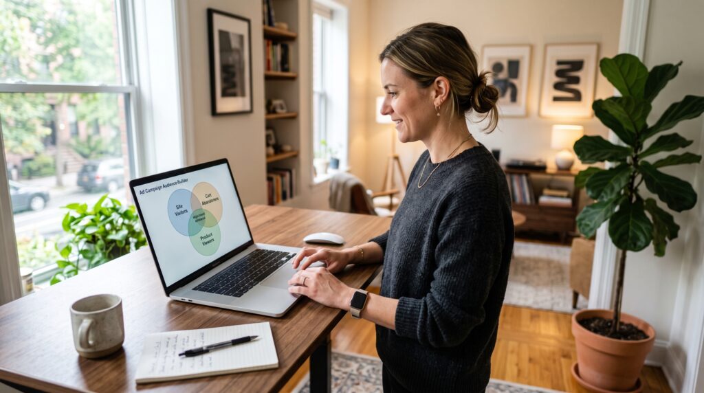 Consultora de marketing configurando audiencias de remarketing en un portátil, con segmentos de visitantes, carritos abandonados y visores de producto